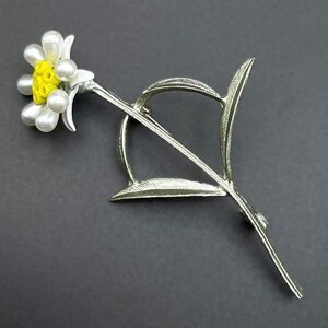 Silver with White Pearl Beaded and Enamel Stemmed Daisy Flower Pin Back Brooch